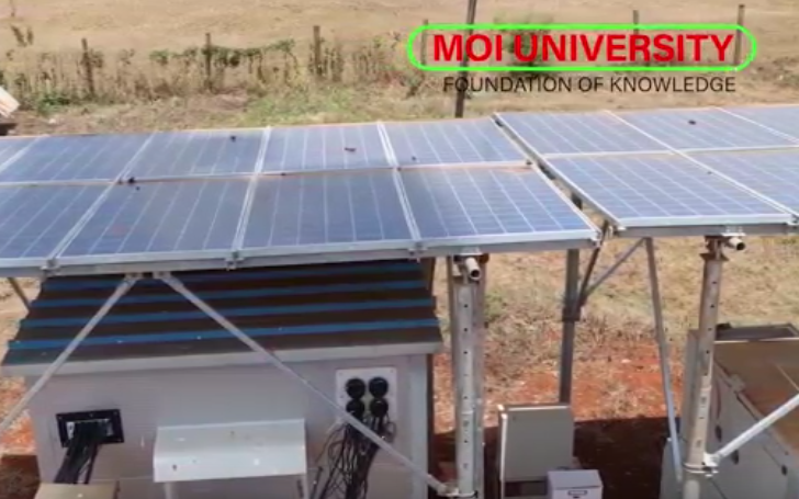 Solar panel installation with battery storage units at Moi University's School of Engineering