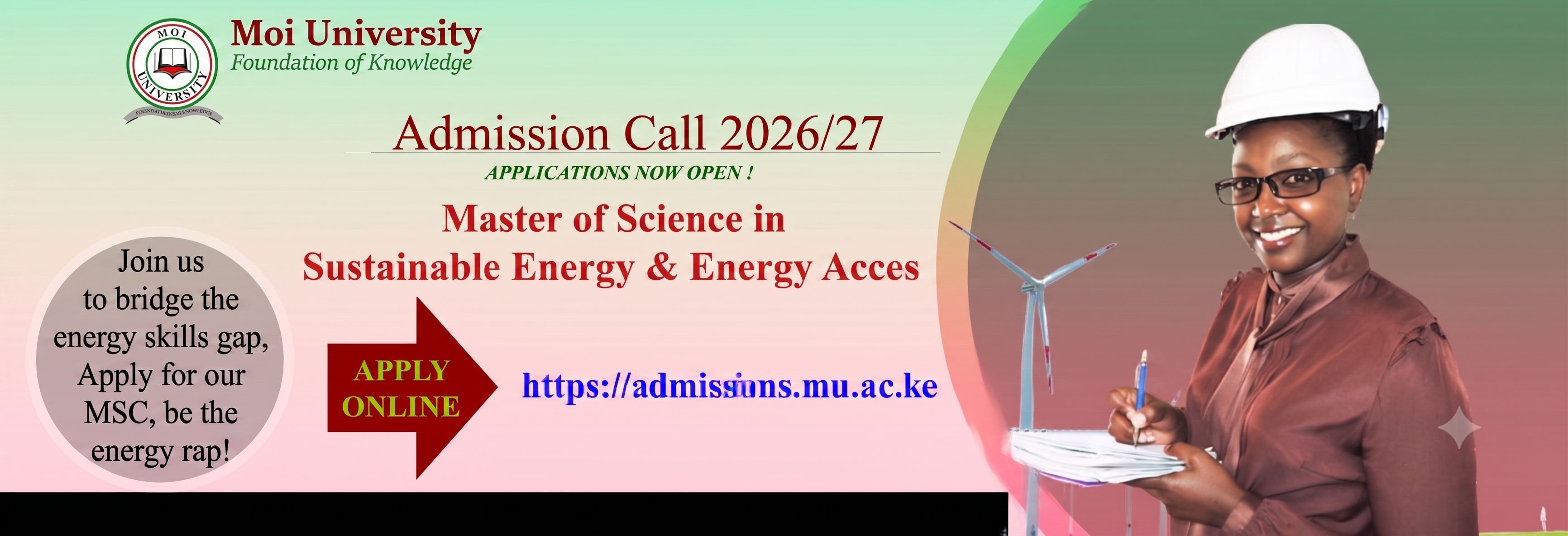 Apply now banner for MSc Sustainable Energy and Energy Access at Moi University